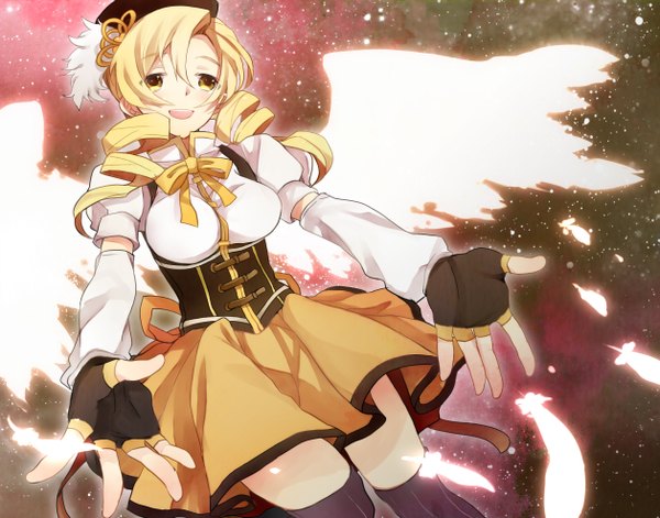 Anime picture 1258x988 with mahou shoujo madoka magica shaft (studio) tomoe mami single open mouth blonde hair yellow eyes drill hair angel wings girl dress gloves hat wings fingerless gloves feather (feathers)