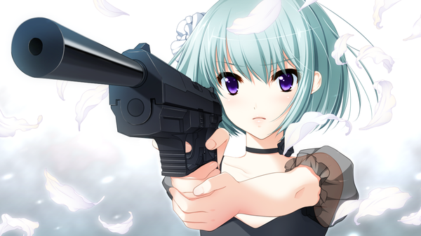 Anime picture 1280x720 with gakuen taima! holy x moly (game) short hair wide image purple eyes game cg green hair girl weapon gun