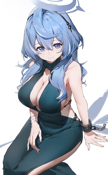 Anime picture 2224x3595 with blue archive ako (blue archive) ako (dress) (blue archive) sentter single long hair tall image fringe highres breasts light erotic simple background smile hair between eyes large breasts white background sitting bare shoulders blue hair looking away