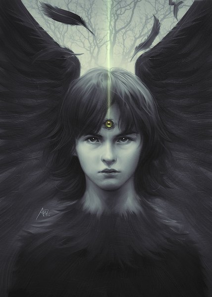 Anime picture 714x1000 with a song of ice and fire artgerm (stanley lau) single tall image short hair black hair green eyes signed black eyes realistic monochrome face black wings boy plant (plants) wings tree (trees) feather (feathers)