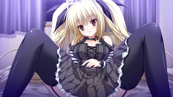 Anime picture 1280x720 with ren'ai kateikyoushi rurumi coordinate! (game) aratamabashi mana suzui narumi long hair light erotic blonde hair red eyes wide image twintails game cg girl thighhighs dress black thighhighs