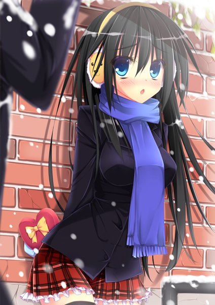 Anime picture 2480x3507 with original angel koman long hair tall image blush highres blue eyes black hair parted lips pleated skirt :o plaid skirt snowing winter snow hands behind back valentine against wall brick wall girl