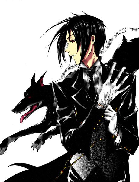 Anime picture 1000x1304 with kuroshitsuji a-1 pictures sebastian michaelis single tall image short hair black hair simple background red eyes white background looking away butler adjusting gloves boy gloves necktie chain suit dog