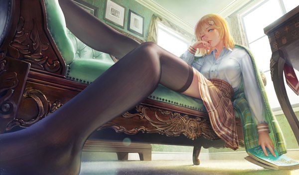 Anime picture 2754x1609 with virtual youtuber hololive hololive english watson amelia namako mikan single looking at viewer fringe highres short hair blue eyes blonde hair wide image sitting holding lying one eye closed lips from below zettai ryouiki