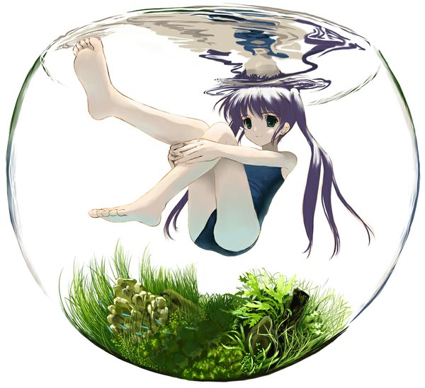 Anime picture 1024x938 with fortune arterial august soft tougi shiro mocha (snowflake) single light erotic smile white background twintails green eyes looking away bent knee (knees) white hair barefoot light smile underwater leg lift (legs lift) hands clasped knees touching weightlessness