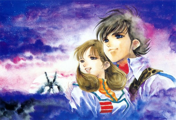 Anime picture 1280x878 with macross the super dimension fortress macross hayase misa ichijou hikaru sdf-1 haruhiko mikimoto short hair blue eyes black hair smile brown hair sky official art wallpaper hug evening sunset traditional media military watercolor (medium)