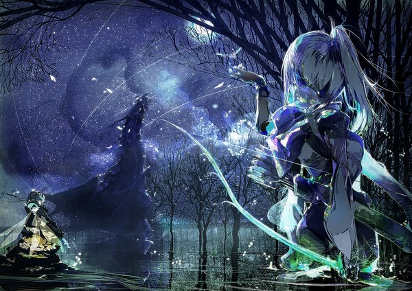 Anime picture 1518x1075 with original untan single long hair looking away sky silver hair ponytail night fantasy girl weapon plant (plants) tree (trees) water insect moon star (stars) full moon dragon