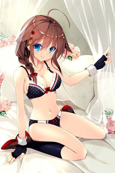 Anime picture 667x1000 with kantai collection shigure destroyer kobayashi chisato single long hair tall image looking at viewer blush breasts blue eyes light erotic smile brown hair braid (braids) underwear only remodel (kantai collection) girl gloves navel underwear