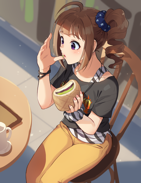 Anime picture 722x934 with idolmaster idolmaster million live! yokoyama nao kamille (vcx68) single long hair tall image blush fringe open mouth brown hair sitting purple eyes holding payot looking away ahoge blunt bangs nail polish from above
