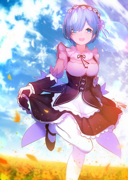 Anime picture 1036x1450 with re:zero kara hajimeru isekai seikatsu white fox rem (re:zero) tarbo (exxxpiation) single tall image looking at viewer blush fringe short hair breasts open mouth blue eyes smile standing blue hair sky cleavage cloud (clouds) outdoors