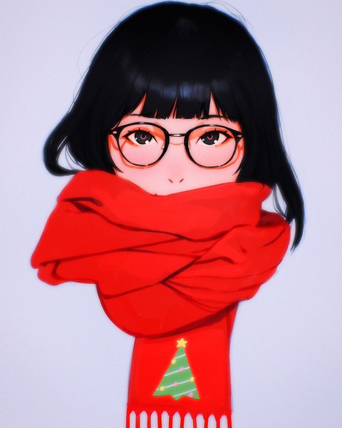 Anime picture 1280x1599 with original ilya kuvshinov single tall image short hair black hair black eyes grey background christmas girl glasses scarf red scarf