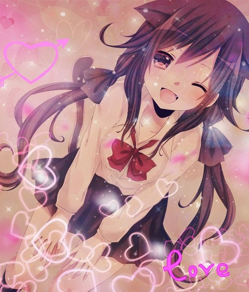 Anime picture 874x1024 with original yamasuta single long hair tall image looking at viewer blush fringe breasts open mouth simple background smile brown hair standing twintails brown eyes animal ears one eye closed wink cat ears
