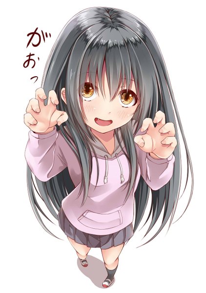 Anime picture 1000x1422 with original creek (moon-sky) single tall image looking at viewer blush fringe open mouth black hair simple background white background yellow eyes very long hair from above inscription arms up girl skirt hood hoodie