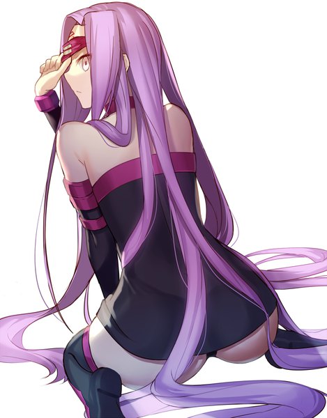 Anime picture 700x895 with fate (series) fate/stay night rider mashima saki (mashimasa) single tall image looking at viewer light erotic simple background white background sitting purple eyes bare shoulders purple hair ass very long hair looking back from behind back wariza