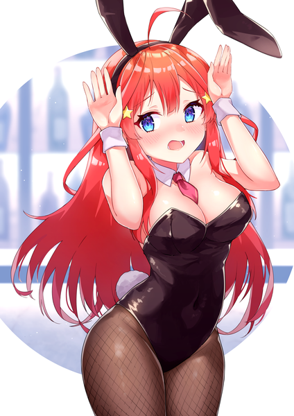 Anime picture 1000x1414 with go-toubun no hanayome nakano itsuki profnote single long hair tall image looking at viewer blush fringe breasts open mouth blue eyes light erotic large breasts standing animal ears payot cleavage red hair tail