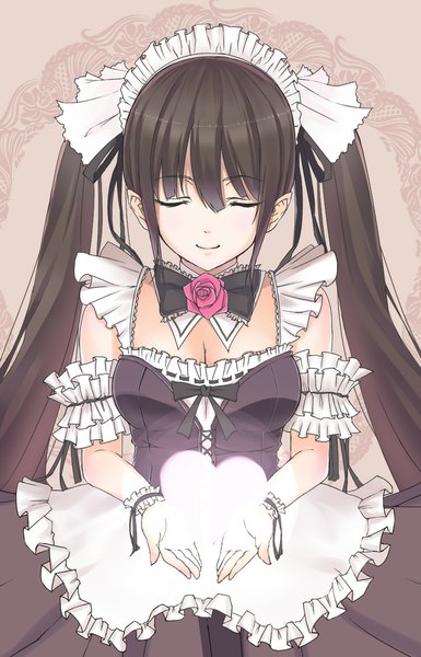 Anime picture 675x1050 with original kagerou (shadowmage) single long hair tall image black hair eyes closed maid girl dress flower (flowers) ribbon (ribbons) hair ribbon frills headdress heart maid headdress