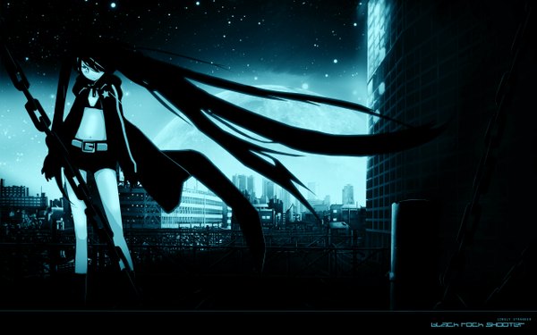 Anime picture 2560x1600 with black rock shooter vocaloid black rock shooter (character) long hair highres black hair wide image city girl