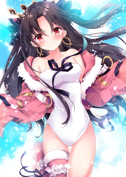 Anime picture 700x979 with fate (series) fate/grand order ishtar (fate) ishtar (swimsuit rider) (fate) nogi takayoshi single long hair tall image looking at viewer blush fringe breasts light erotic black hair smile red eyes bare shoulders sky cloud (clouds) light smile