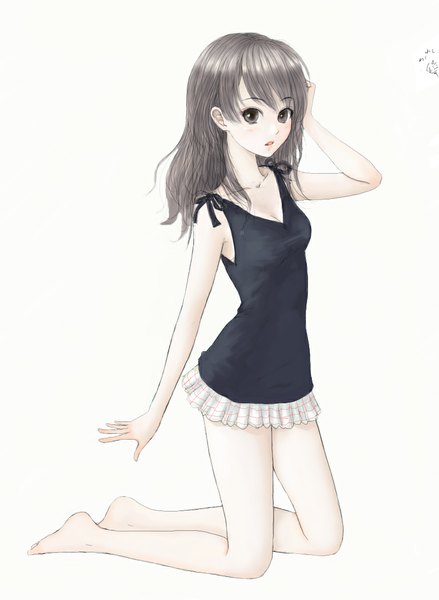 Anime picture 818x1119 with original erurodo (artist) single long hair tall image looking at viewer blush fringe open mouth simple background white background bent knee (knees) barefoot grey hair bare legs grey eyes legs kneeling hand on head girl