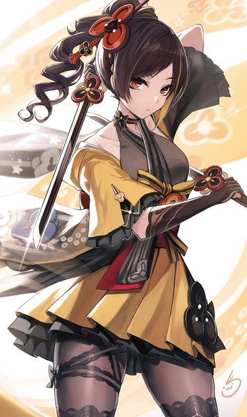 Anime picture 1222x2064 with genshin impact chiori (genshin impact) koissa single long hair tall image red eyes brown hair standing holding looking away ponytail drill hair dual wielding girl hair ornament weapon pantyhose sword katana