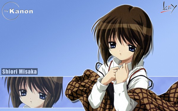 Anime picture 1920x1200 with kanon key (studio) misaka shiori highres short hair blue eyes brown hair wide image inscription girl