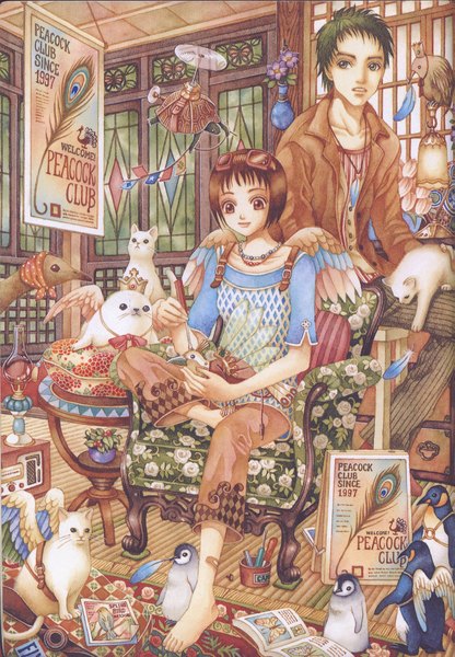 Anime picture 1455x2100 with original hayasida kumiko tall image short hair brown hair sitting brown eyes barefoot green hair angel wings girl boy flower (flowers) animal window pillow bird (birds) book (books) feather (feathers) table