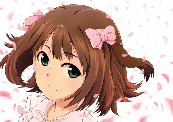 Anime picture 4092x2893 with idolmaster amami haruka yooguru (artist) single highres short hair simple background brown hair white background green eyes absurdres girl bow hair bow petals