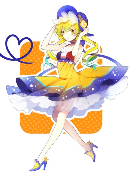 Anime picture 1200x1575 with original orangina hakusai (tiahszld) single long hair tall image looking at viewer open mouth blonde hair smile bare shoulders yellow eyes lips adjusting hat personification flag print france girl dress hat