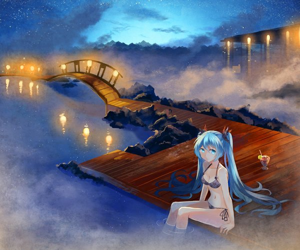 Anime picture 1000x833 with vocaloid hatsune miku tsukii single blue eyes sitting twintails blue hair very long hair night girl navel swimsuit bikini water