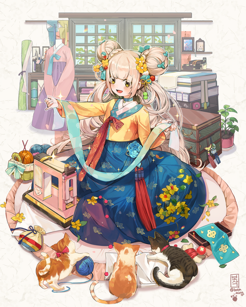 Anime picture 900x1124 with original bosack single long hair tall image blush open mouth green eyes looking away silver hair full body indoors braid (braids) traditional clothes sparkle hair bun (hair buns) outstretched arm braided bun pinky out korean clothes