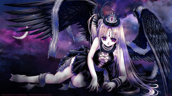 Anime picture 1280x720 with lunaregina single long hair blonde hair red eyes wide image signed cloud (clouds) barefoot angel girl dress ribbon (ribbons) wings jewelry necklace crown