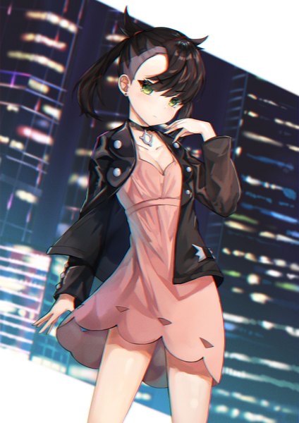 Anime picture 2480x3507 with pokemon pokemon (game) pokemon swsh nintendo marnie (pokemon) lisu single tall image looking at viewer blush fringe highres short hair breasts black hair standing twintails green eyes cleavage long sleeves
