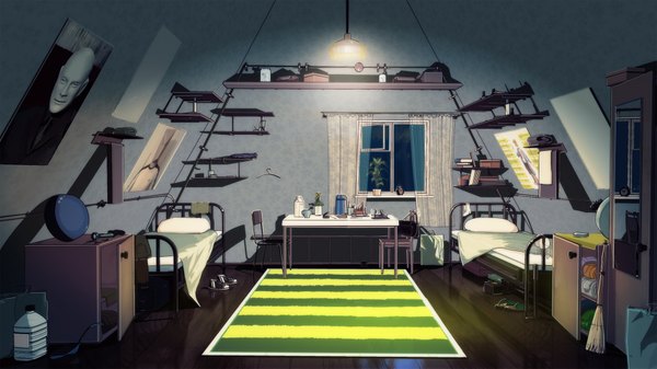 Anime picture 1920x1080 with everlasting summer iichan eroge arsenixc vvcephei highres wide image game cg indoors shadow wallpaper light no people collaboration shoes window book (books) bed bag chair table