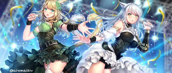 Anime picture 1500x643 with final fantasy final fantasy xiv square enix miqo'te aruma jiki long hair looking at viewer blush fringe breasts open mouth light erotic blonde hair smile wide image standing multiple girls green eyes signed animal ears
