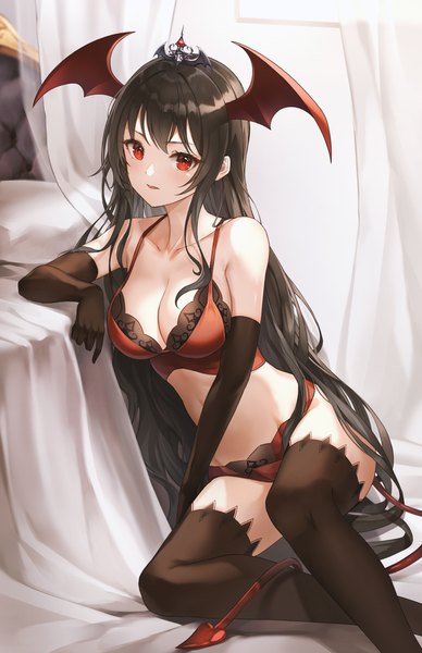 Anime picture 1100x1700 with original lunacle single long hair tall image looking at viewer blush fringe breasts open mouth light erotic black hair red eyes large breasts sitting payot cleavage bent knee (knees) indoors tail