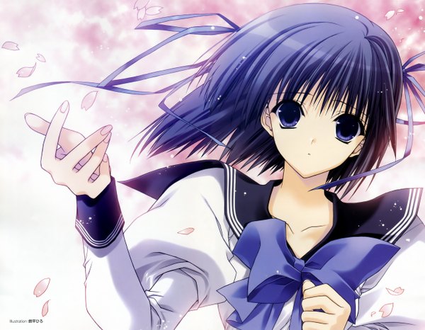 Anime picture 2575x2000 with suzuhira hiro single highres short hair blue hair inscription girl uniform bow ribbon (ribbons) hair ribbon school uniform petals serafuku