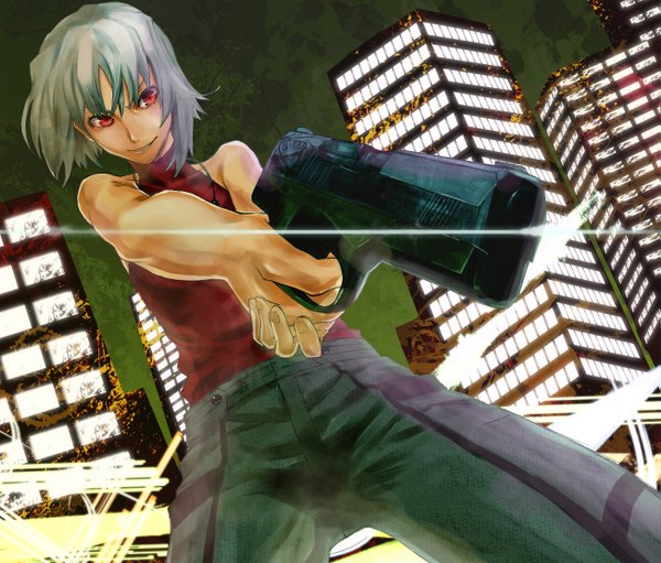 Anime picture 1303x1110 with canaan type-moon canaan (character) under-siege single short hair smile red eyes grey hair sleeveless smirk girl weapon choker gun building (buildings) pants pistol