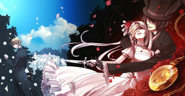 Anime picture 1000x520 with original suzunosuke (sagula) looking at viewer short hair open mouth black hair blonde hair smile red eyes wide image looking away sky cloud (clouds) nail polish multiple boys back girl dress boy gloves