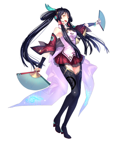Anime picture 1785x2103 with original ryuuzaki ichi long hair tall image highres open mouth black hair red eyes bare shoulders teeth fang (fangs) transparent background girl detached sleeves headphones thigh boots
