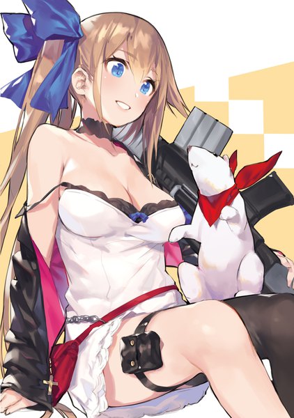 Anime picture 704x1000 with girls frontline fal (girls frontline) noy single long hair tall image blush fringe breasts blue eyes light erotic smile hair between eyes brown hair large breasts sitting bare shoulders payot looking away cleavage