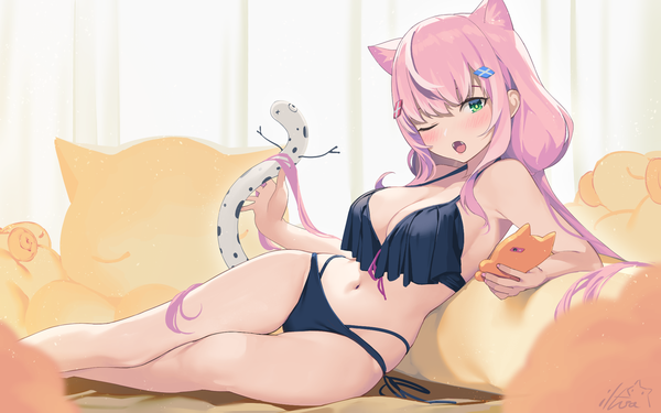 Anime picture 1920x1200 with virtual youtuber nijisanji nijisanji kr yang nari iltusa single long hair looking at viewer blush highres breasts open mouth light erotic large breasts twintails holding green eyes signed animal ears payot