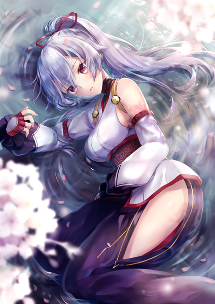 Anime-Bild 2481x3508 mit fate (series) fate/grand order tomoe gozen (fate) hane yuki single long hair tall image looking at viewer blush fringe highres breasts light erotic hair between eyes red eyes payot silver hair ponytail lying traditional clothes