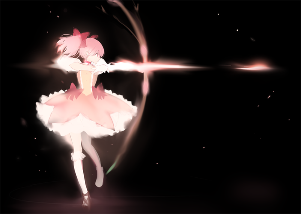 Anime picture 1000x711 with mahou shoujo madoka magica shaft (studio) kaname madoka lpip single fringe short hair simple background standing twintails looking away pink hair full body profile pink eyes blurry short sleeves outstretched arm magic black background