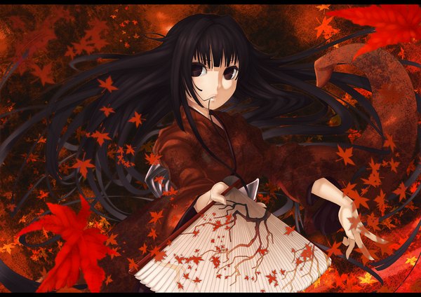 Anime picture 1518x1075 with original ayaki (artist) single long hair black hair japanese clothes black eyes mouth hold girl kimono leaf (leaves) fan