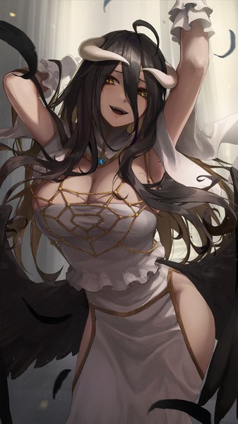 Anime picture 810x1440 with overlord (maruyama) madhouse albedo (overlord) ola (bunnyfly) single long hair tall image looking at viewer blush fringe breasts open mouth light erotic black hair hair between eyes large breasts standing holding yellow eyes cleavage