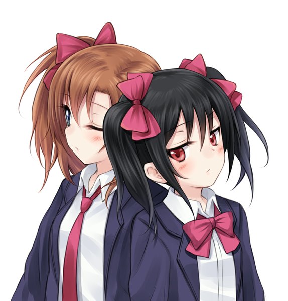 Anime picture 1000x1046 with love live! school idol project sunrise (studio) love live! yazawa nico kousaka honoka suzushiro yukari tall image looking at viewer blush short hair black hair simple background red eyes brown hair white background twintails multiple girls one eye closed wink one side up