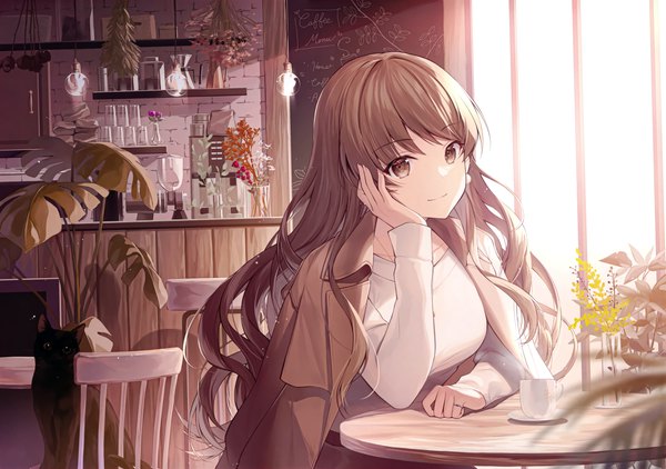Anime picture 5015x3531 with original kagachi saku single long hair looking at viewer fringe highres smile brown hair brown eyes absurdres indoors long sleeves scan clothes on shoulders girl plant (plants) animal cat sweater