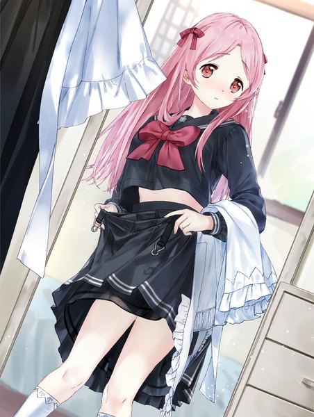 Anime picture 679x900 with original macciatto (aciel02) single long hair tall image looking at viewer blush fringe standing holding payot pink hair indoors long sleeves pleated skirt pink eyes midriff dutch angle embarrassed thighs