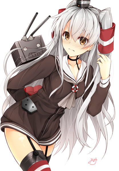 Anime picture 834x1200 with kantai collection amatsukaze destroyer rensouhou-kun minari (minari37) single long hair tall image blush light erotic simple background hair between eyes white background brown eyes signed looking away silver hair two side up arm behind back valentine girl