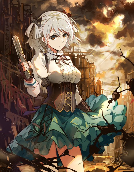 Anime picture 859x1100 with god eater god eater 2 god eater 2: rage burst ufotable ciel alencon baisi shaonian single tall image looking at viewer short hair twintails holding brown eyes silver hair cloud (clouds) sunlight puffy sleeves short twintails serious ruins